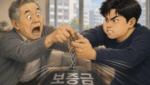 집 열쇠에 쇠사슬로 매달린 보증금 쇳덩이에 아들이 앞으로 끌려가고 아버지가 놀라는 거실