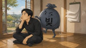 멍하니 앉은 남자 등 뒤로 빚이라 적힌 보따리가 살금살금 걸어와 업히려 하고 달력이 저절로 넘어가는 방