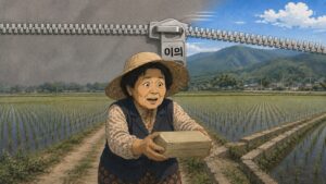 논밭에서 돈다발을 받아 안는 사이 하늘을 가로지르는 지퍼가 잠기는 장면