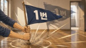 텅 빈 방 마룻바닥에 1번이라 적힌 깃발을 힘껏 꽂아 세우는 두 손