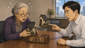사무실 책상 위 반으로 갈라진 집 모형의 한쪽 반이 공중에 떠 있는 장면