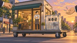 해질녘 상가거리에서 카페 건물과 보증금이라 적힌 금고가 바퀴 달린 이동무대에 함께 실려 새 주인 쪽으로 옮겨지는 장면