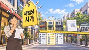 상가거리에서 서류를 든 사람이 세법상 시가라고 적힌 커다란 가격표를 올려다보며 갸웃하는 장면