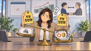 회의실에서 한 사람이 작은 나무 블록 하나를 들어 올리고 저울 반대편에는 건물과 돈다발이 수북이 쌓여 기울어진 장면