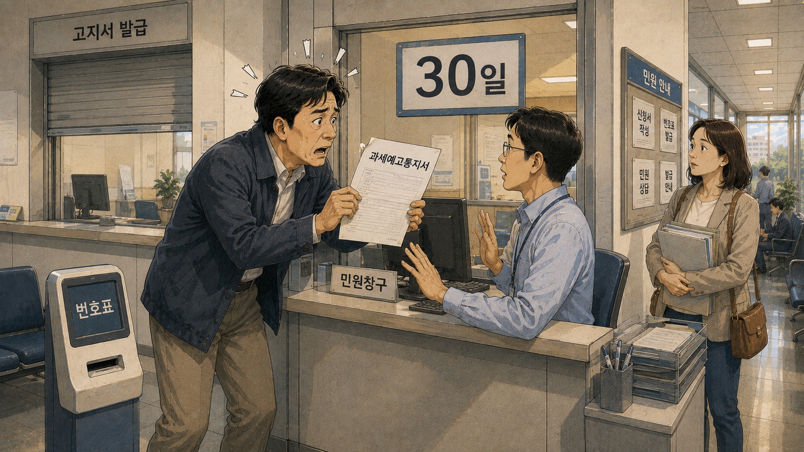 세무서 민원실 창구에서 과세예고통지서를 내미는 남자와 벽에 걸린 30일 안내판, 옆 창구는 셔터가 내려와 있는 장면