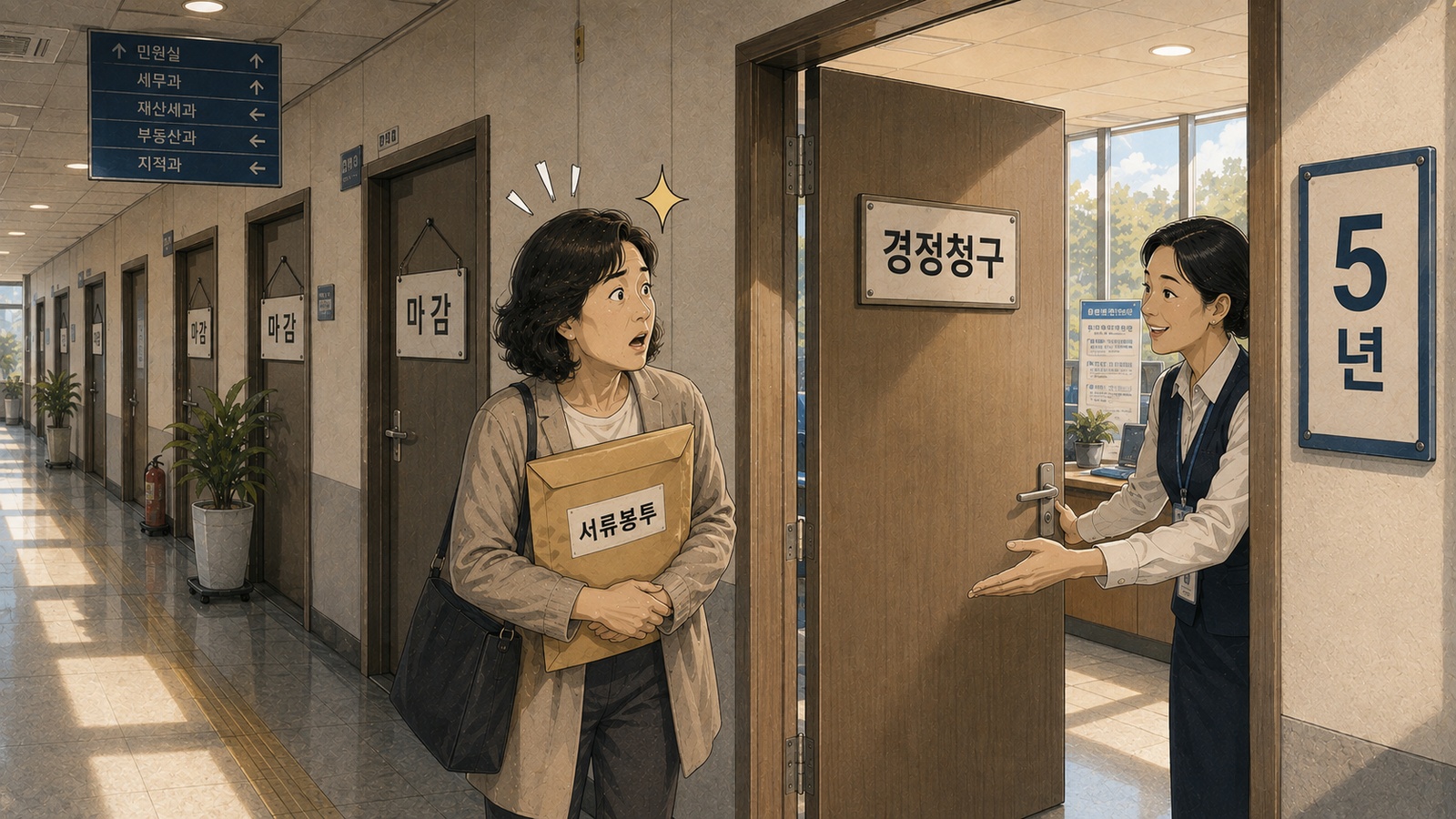 마감 팻말이 걸린 문들을 지나 경정청구라 적힌 문 하나만 열려 있고 5년 안내판이 걸린 관공서 복도