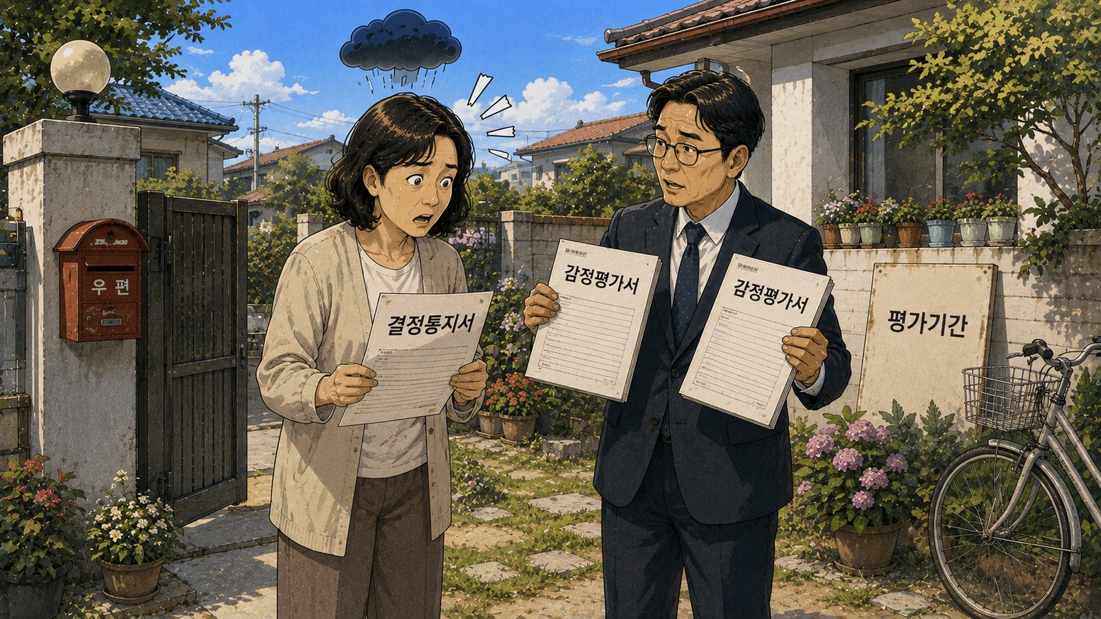 결정통지서를 든 여자 옆에서 감정평가서 두 부를 들어 보이며 설명하는 남자와 평가기간 팻말이 놓인 주택 마당