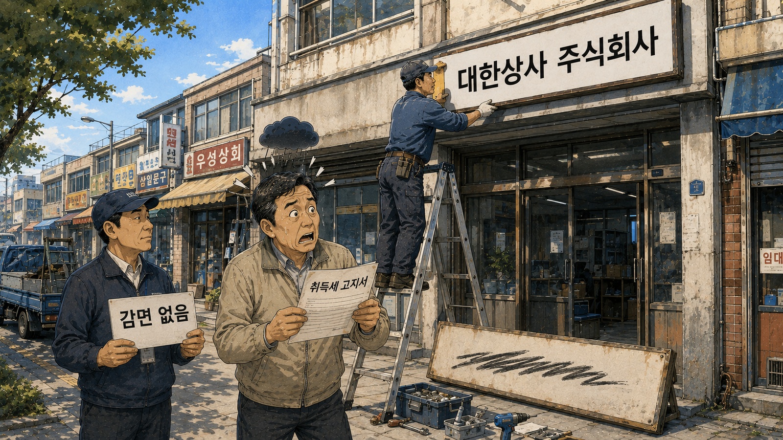 상가 건물에 대한상사 주식회사 간판을 새로 다는 인부와 취득세 고지서를 펼쳐 든 남자, 감면 없음 팻말