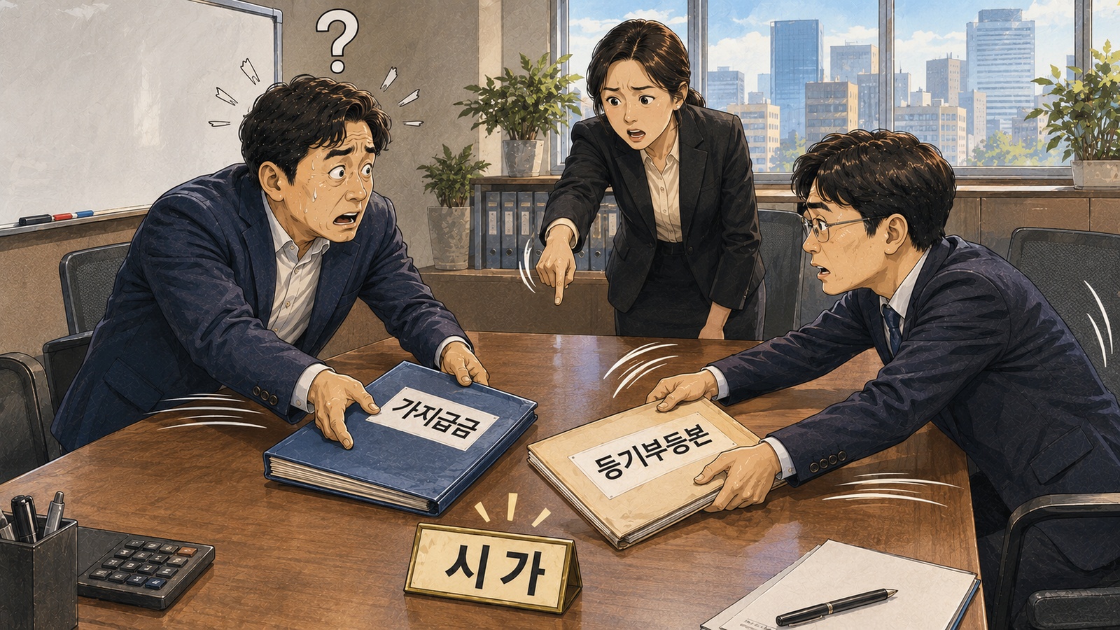 가지급금 장부와 등기부등본을 맞바꾸는 자리에 시가 팻말이 세워진 회의실 장면