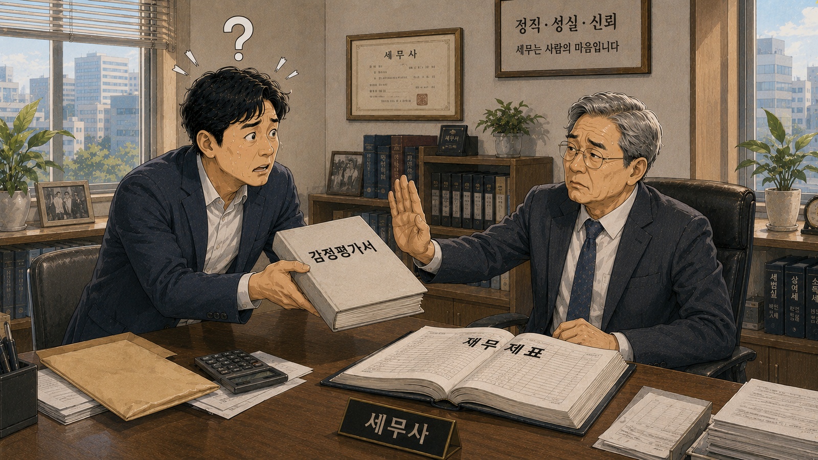 감정평가서를 내미는 남자를 세무사가 손을 들어 막고 책상에는 재무제표가 펼쳐진 사무실 장면