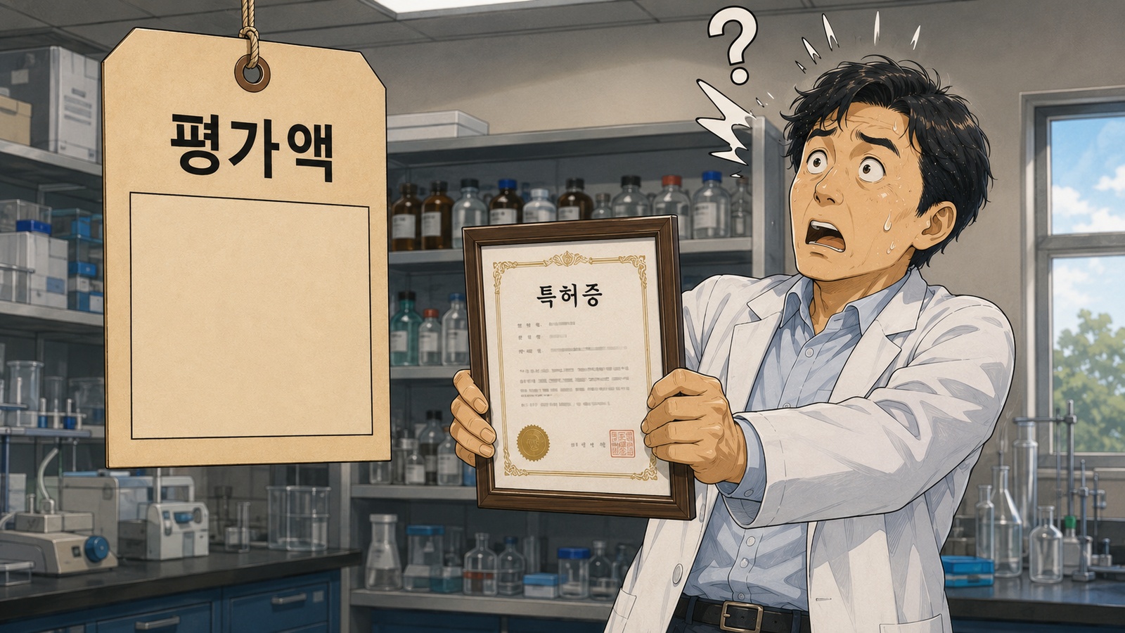 특허증 액자를 내민 연구원 옆에 금액 칸이 비어 있는 평가액 가격표가 매달린 연구실