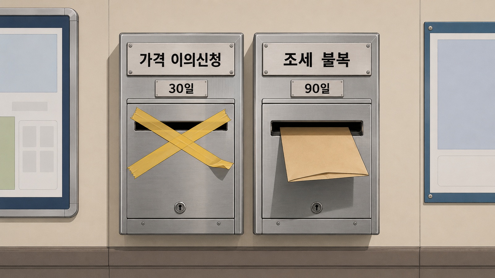 가격 이의신청 접수함은 투입구가 테이프로 막혀 있고 조세 불복 접수함만 열려 있는 관공서 벽면