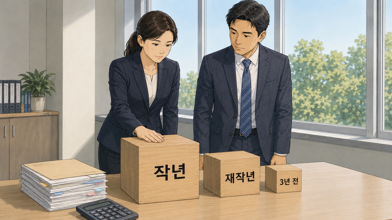 작년 블록이 재작년과 3년 전 블록을 합친 것만큼 큰 나무 블록 셋을 두 사람이 함께 내려다보는 책상