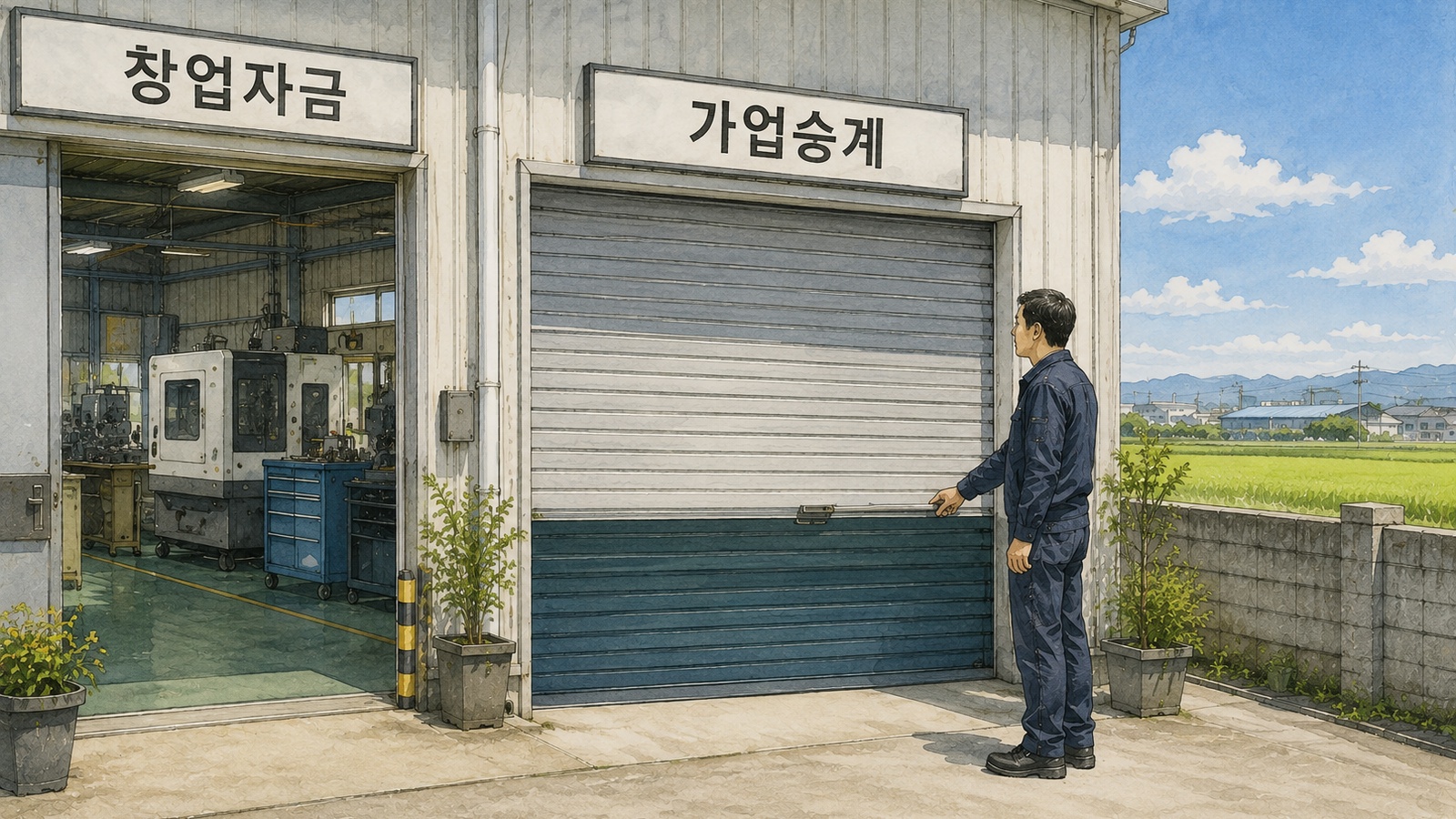 창업자금 문은 열려 있고 가업승계 셔터는 내려온 공장 마당에서 셔터 손잡이를 잡은 사람