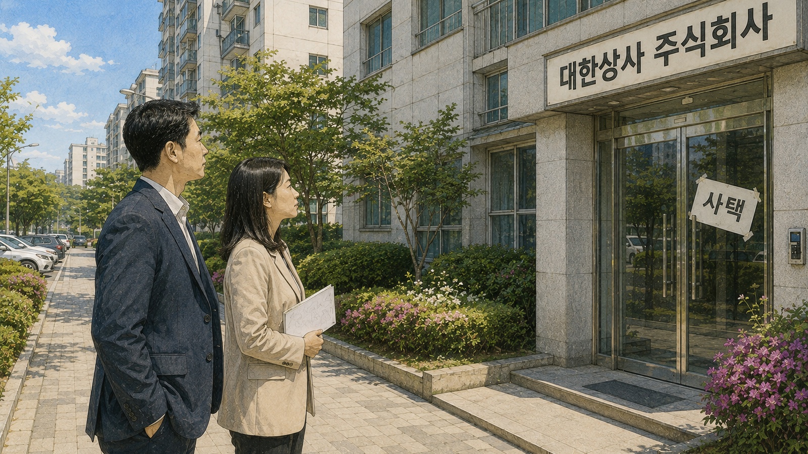 대한상사 주식회사 현판이 붙은 아파트 입구를 두 사람이 나란히 올려다보고 사택 안내지가 비스듬히 매달린 장면