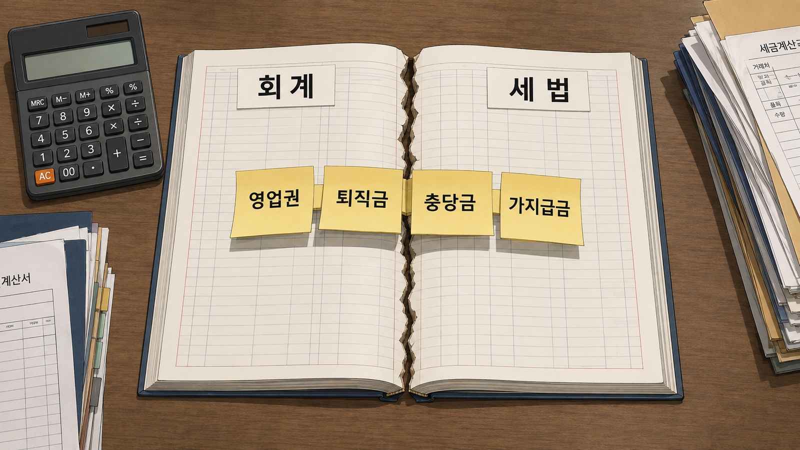 장부 안에 영업권과 퇴직금 쪽지가 놓이고 충당금 쪽지를 손이 장부 쪽으로 밀어 넣는 회의실 탁자
