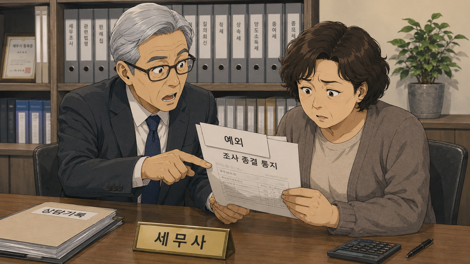 조사 종결 통지 위에 예외라고 적힌 얇은 종이가 겹쳐진 것을 세무사가 들어 올리는 장면