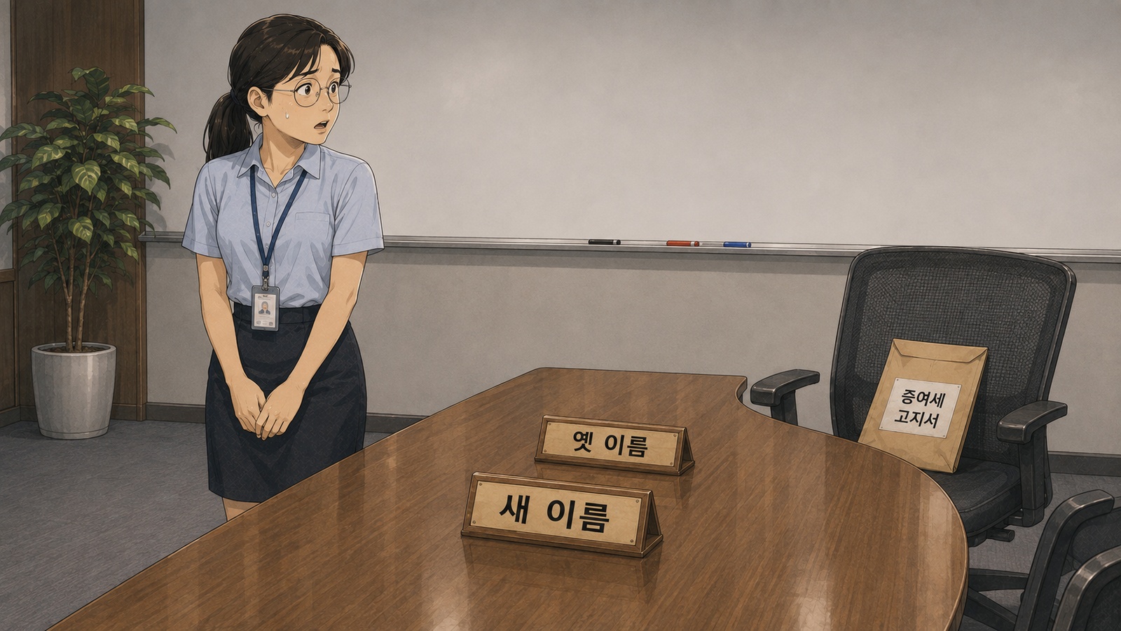 주주명부 한 줄에 덧붙인 이름표 아래로 옛 이름이 비치고 옆에 확인신청서가 놓인 사무실