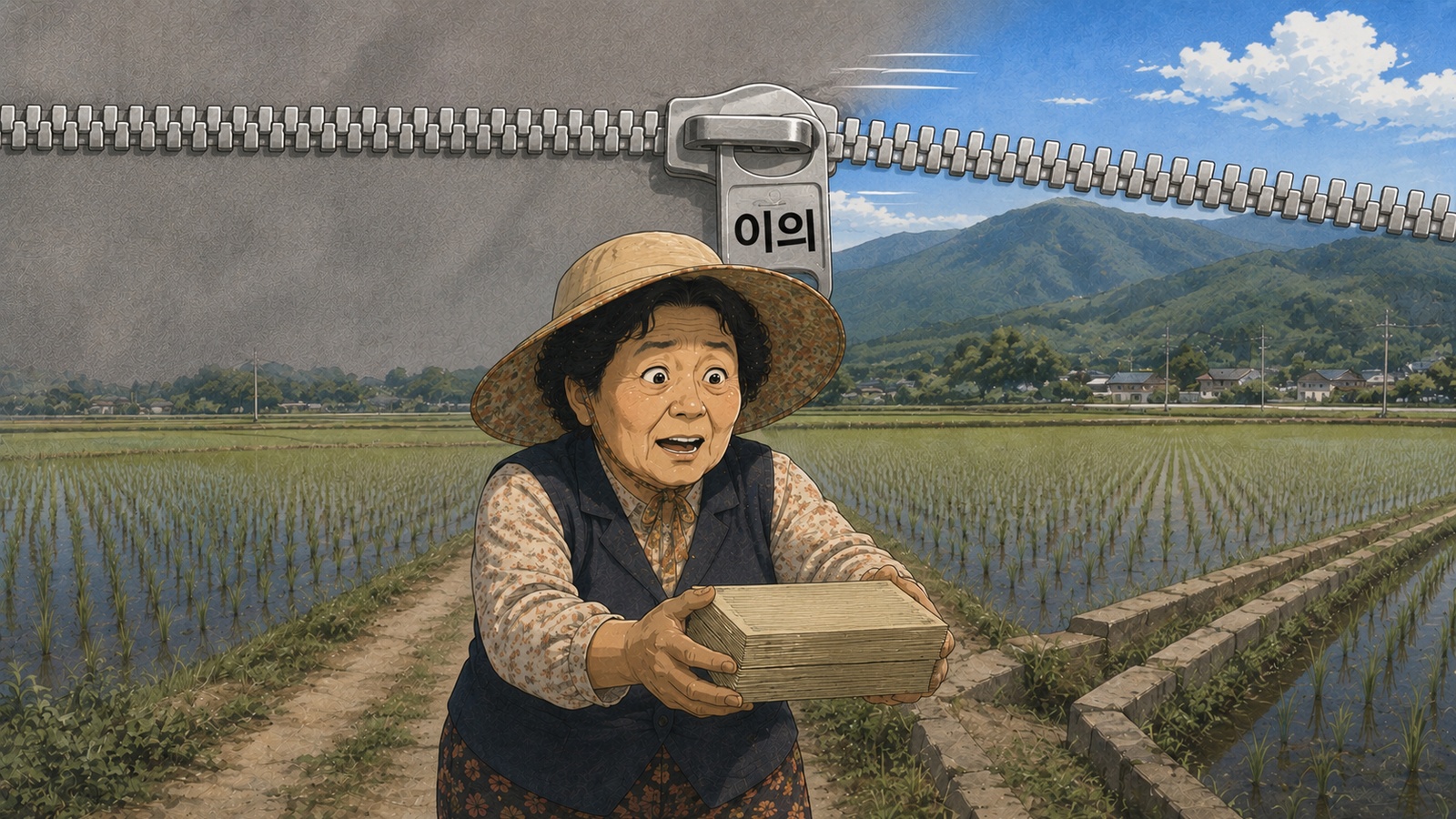 논밭에서 돈다발을 받아 안는 사이 하늘을 가로지르는 지퍼가 잠기는 장면