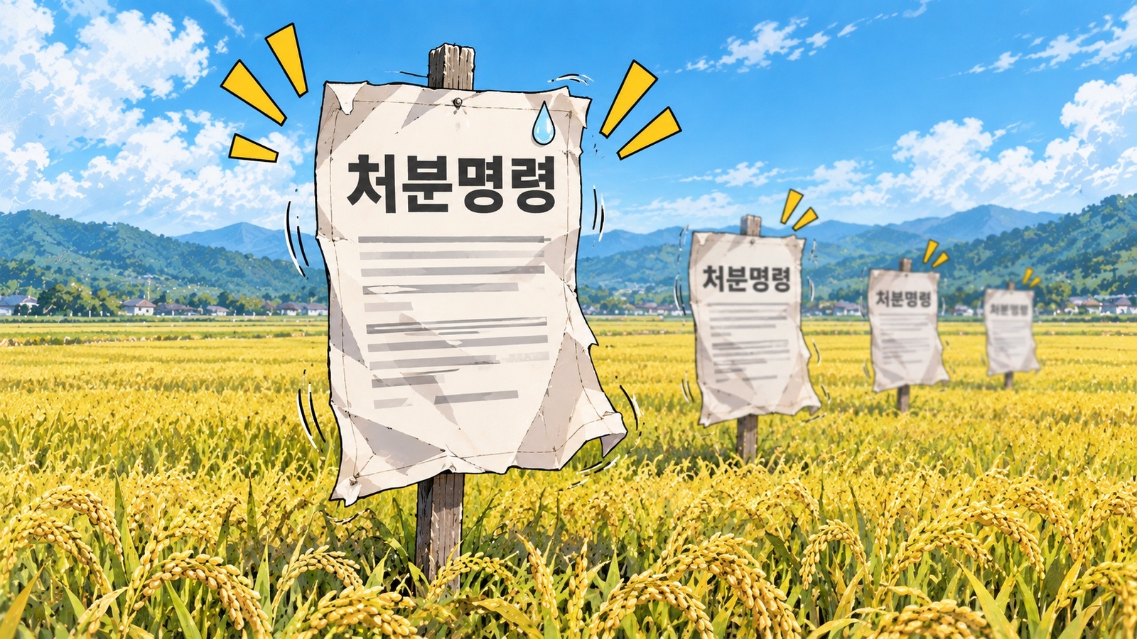 누렇게 익은 논 한가운데 「처분명령」이라고 적힌 사람 키만 한 고지서가 말뚝처럼 꽂혀 있고, 똑같은 고지서가 뒤로 일렬로 더 꽂혀 있는 장면