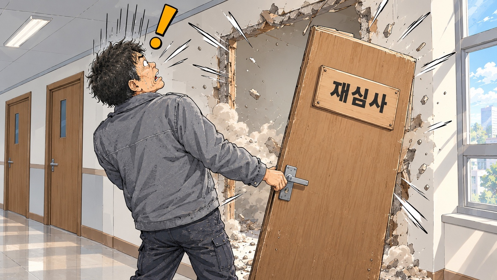 관공서 복도에서 회색 점퍼를 입은 40대 남자가 재심사라고 적힌 문의 손잡이를 잡아당기자 문이 벽에서 통째로 뜯겨 나오고 뒤에는 부서진 벽만 남은 장면