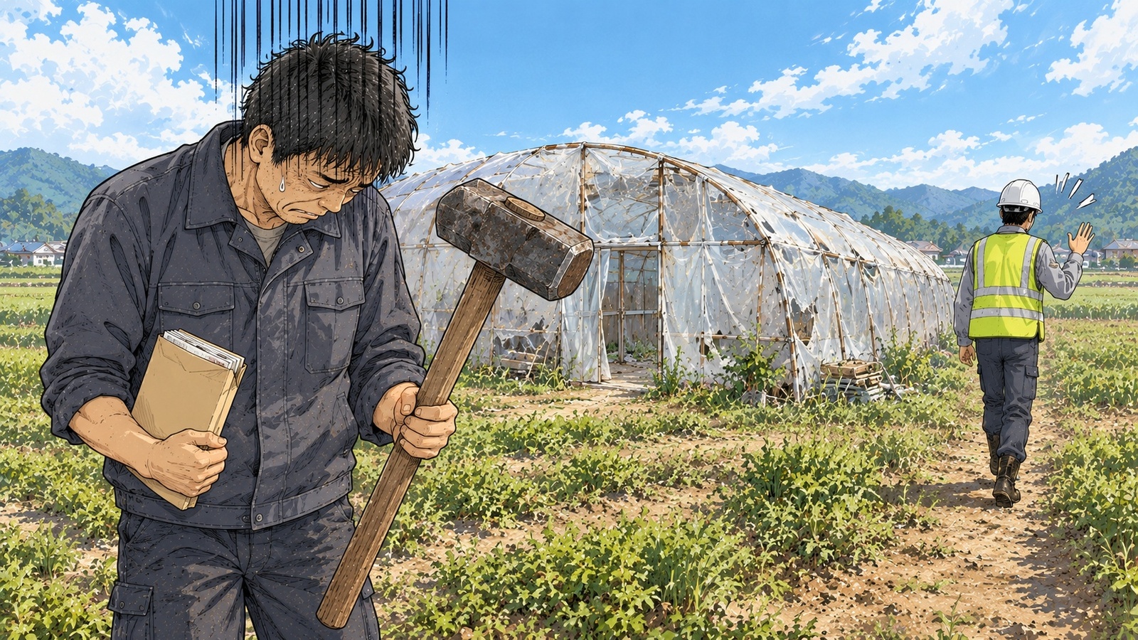 밭 가운데 낡은 비닐하우스 앞에서 50대 남자가 한쪽 옆구리에 두툼한 돈 봉투를 끼고 다른 손으로 커다란 쇠망치를 받아 든 채 고개를 푹 숙이고 있고 안전모를 쓴 직원은 등을 돌려 걸어가는 장면