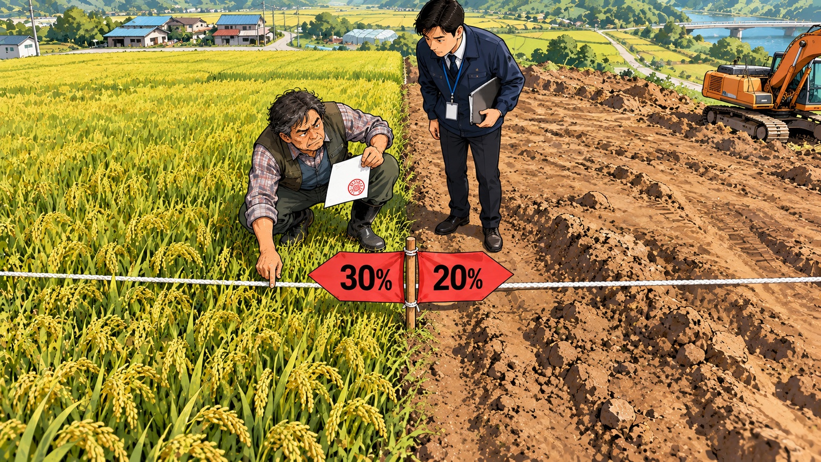 논 한가운데를 흰 밧줄이 가로지르고 그 위 붉은 깃발에 30%와 20%가 적혀 있으며 왼쪽은 벼가 자라고 오른쪽은 흙이 파헤쳐진 장면