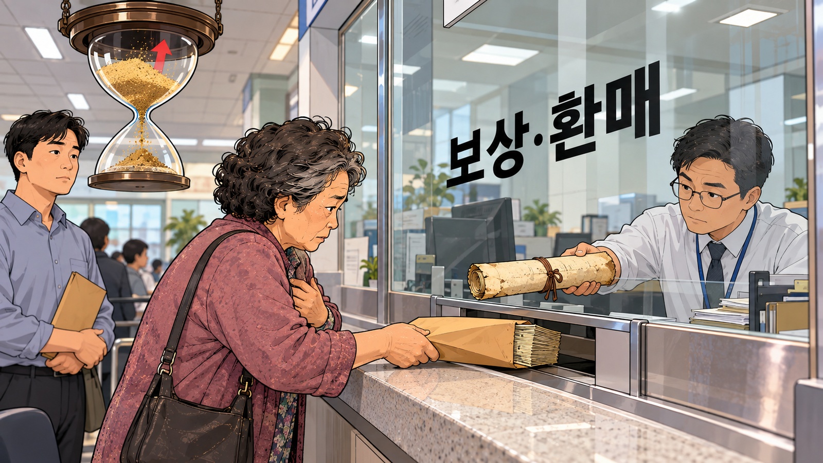 보상·환매라고 적힌 관공서 창구에서 60대 여자가 돈 봉투를 밀어 넣고 직원이 낡은 땅문서를 되돌려 주며 천장에 거꾸로 뒤집힌 모래시계가 매달린 장면
