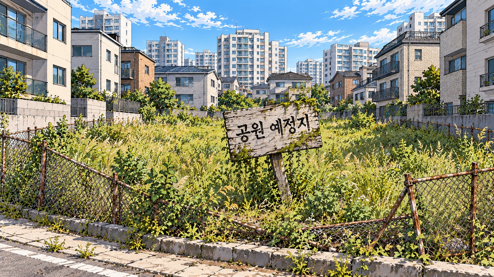 새 빌라와 아파트에 둘러싸인 빈 대지에 공원 예정지라고 적힌 낡은 나무 팻말이 잡초에 묻힌 채 기울어 서 있는 장면