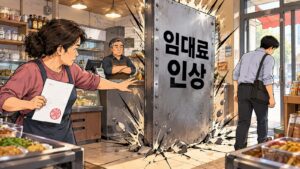 가게 안에서 임대료 인상이라고 새겨진 금속판이 바닥을 깨고 솟아올라 앞을 막고 새 임차인이 돌아서 나가는 장면