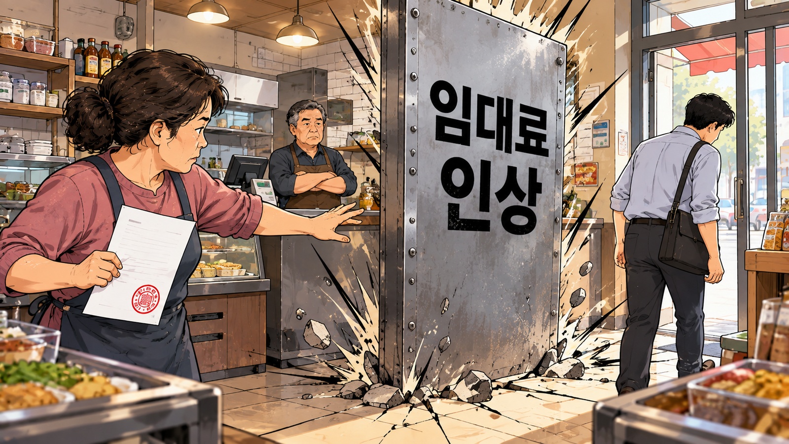 가게 안에서 임대료 인상이라고 새겨진 금속판이 바닥을 깨고 솟아올라 앞을 막고 새 임차인이 돌아서 나가는 장면