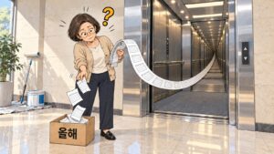 새 엘리베이터 앞에서 얇은 영수증은 「올해」 상자에 넣고 두툼한 영수증은 엘리베이터 안으로 끝없이 풀려 나가자 고개를 갸웃하는 건물주