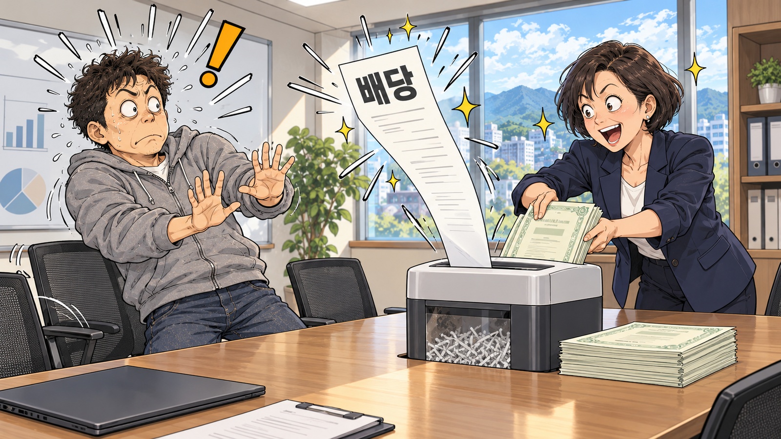 회사가 주식 증서를 파쇄기에 넣자 반대편에서 「배당」 고지서가 튀어나와 퇴사한 주주가 뒷걸음질 치는 장면