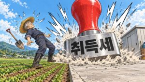 밭과 콘크리트 마당 경계에 「취득세」 도장이 하늘에서 내려와 찍히자 삽을 놓친 농부