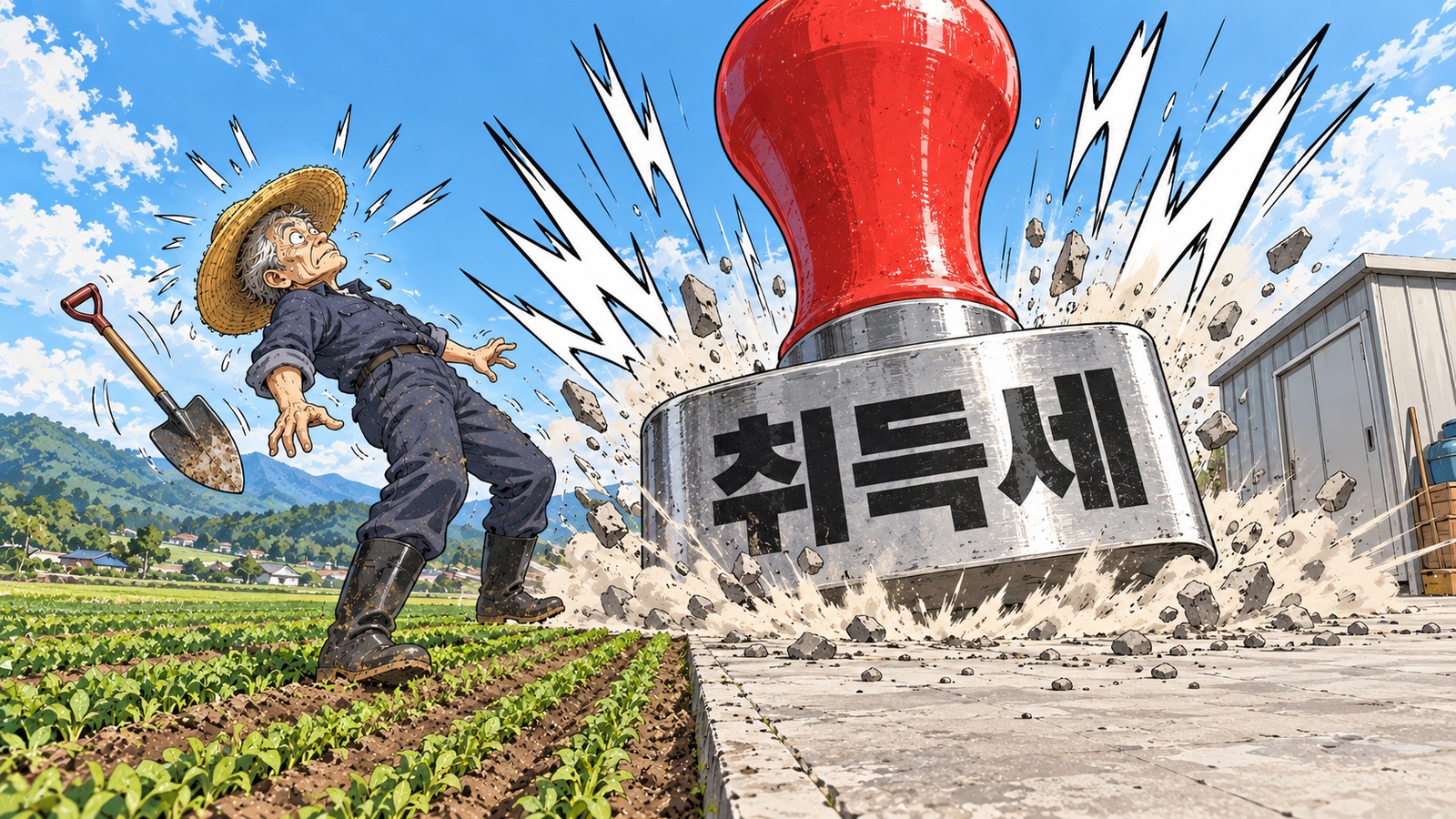 밭과 콘크리트 마당 경계에 「취득세」 도장이 하늘에서 내려와 찍히자 삽을 놓친 농부